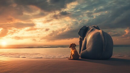 Canvas Print - Elephant and Dog Watching Sunset