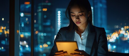 Sticker - Businesswoman using tablet in a modern cityscape at night