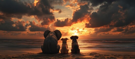 Canvas Print - Elephant and Dogs Watching the Sunset