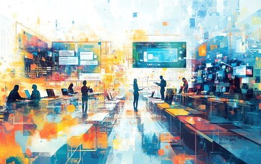 Poster - Dynamic depiction of various educational tools in use, including laptops, interactive projectors, and digital textbooks, modern and colorful design