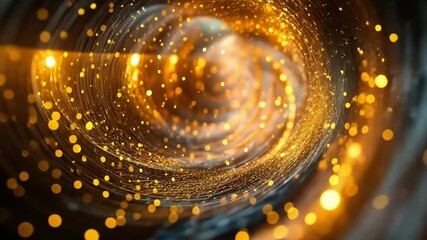 Poster - Abstract swirling vortex of golden particles and intricate patterns in a digital universe, illuminated by soft light