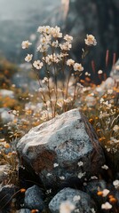 Poster - White Flowers Blooming on a Rock in a Meadow