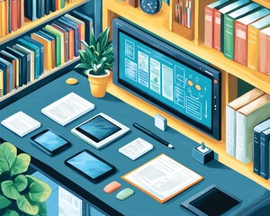 Leinwandbilder - Illustration of diverse educational tools including digital tablets, smart projectors, and interactive displays, clean and vibrant classroom environment