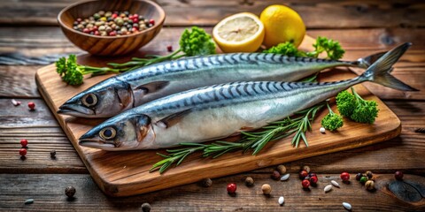 Fresh raw mackerel on rustic wooden background with natural light