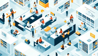 Aufkleber - Stylish depiction of a lifelong learning environment with interactive digital platforms, diverse learners, and a clean, contemporary setting