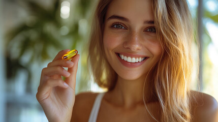 A woman is holding a bottle of fish oil. She is smiling and she is happy. Concept of health and wellness, as fish oil is known for its many health benefits