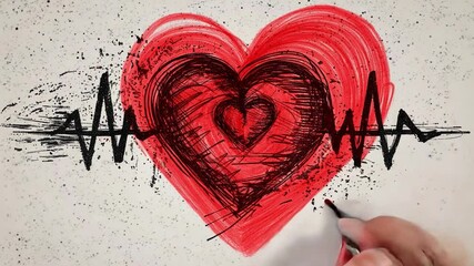 Poster - A hand uses a black pen to draw a vibrant red heart accompanied by an EKG heartbeat line on white paper, showcasing artistic creativity and expression.