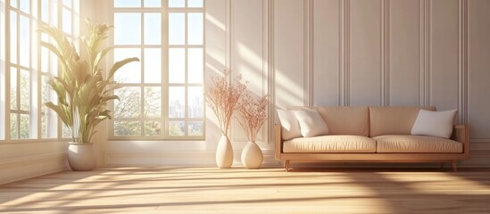 Concept of a bright Scandinavian living room featuring a sofa vases on wooden flooring decorative elements on a large wall and a scenic view through a window Nordic interior design 3D illustration