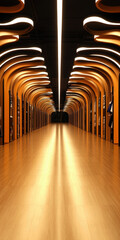 Poster - A long hallway with a lot of light shining down on it. The light is coming from the ceiling and the walls. The hallway is empty and there are no people in it