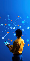 Aufkleber - A man is looking at a tablet with a blue background. The tablet is displaying a lot of different icons and dots. The man is holding the tablet in his hand