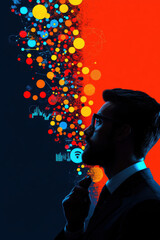 Aufkleber - A man is looking at a computer screen with a lot of colorful dots. Concept of technology and the man's focus on it. Scene is serious and contemplative