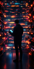 Poster - A man is standing in a room with a glowing wall and holding a tablet. The room is filled with bookshelves and the man is focused on his tablet. The atmosphere of the image is one of technology