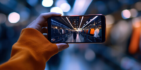 Poster - A person is holding a cell phone up to take a picture of a store. The image is blurry and the person is wearing an orange shirt