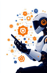 Poster - A robot is sitting on a white background and is holding a tablet. The robot is surrounded by gears and other mechanical parts, giving the impression of a futuristic or industrial setting