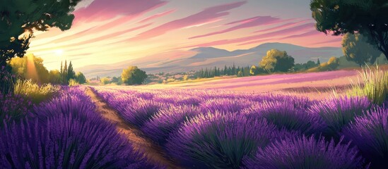 Wall Mural - Vibrant artwork featuring a lavender field illuminated by sunlight