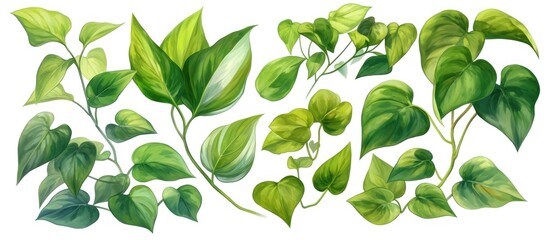 Wall Mural - Painting of Homalomena leaves featuring green foliage and white stems isolated on a white background with a clipping path