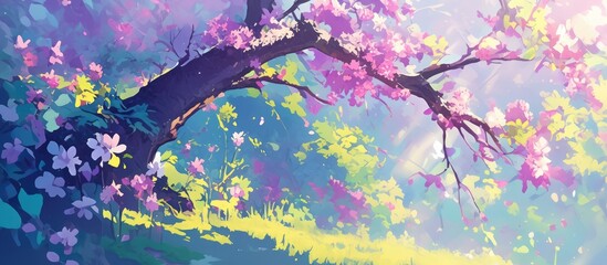 Canvas Print - Spring blossom background painting featuring a blooming tree and sunlight A vibrant nature scene with abstract blurred elements capturing the essence of spring flowers