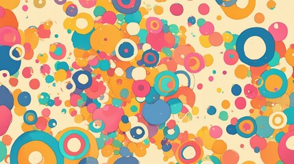 Poster - Vibrant abstract circles in shades of blue red pink green and yellow create a playful textile pattern suitable for children featuring a multicolored background with pastel accents