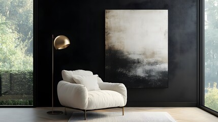 a modern living room interior with a white armchair, a gold floor lamp, and a large abstract paintin