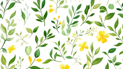 Wall Mural - Vector artwork featuring elegant light green and yellow floral patterns on a white background ideal for decorative wallpaper or children s book illustrations