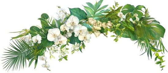 Canvas Print - Arrangement of tropical leaves and a flower garland featuring orchids ferns philodendron and ruscus leaves isolated on a white background with a clipping path