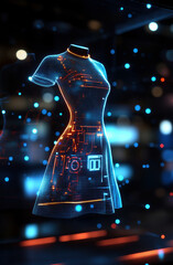 Poster - A woman's dress is displayed in a digital format, with a futuristic and metallic appearance. The dress is adorned with glowing lights and intricate patterns, giving it a unique and eye-catching look