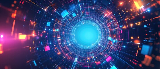 Aufkleber - Futuristic abstract background featuring a tech circle with a central blank space enhanced by multi colored glowing neon beams and dynamic cube perspectives against a blue gradient backdrop