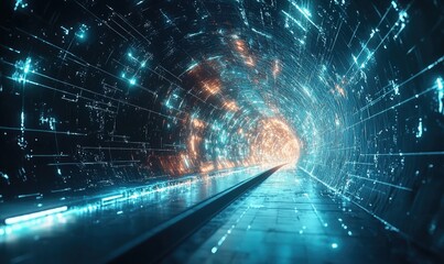 Poster - Futuristic flight through a luminous polygonal tunnel glowing brightly against a backdrop of deep space