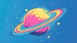 © DigitalDruid - Abstract colorful planet with rings against a blue backdrop Vivid shades of pink blue and yellow Surreal cartoon style space object ideal for T shirt and poster designs