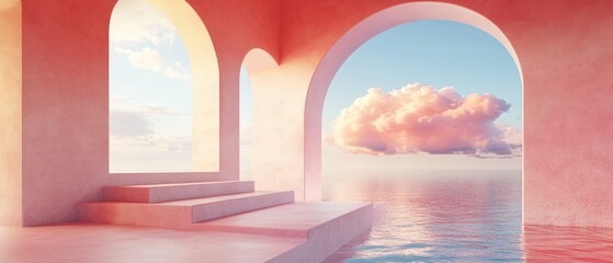 Poster - Abstract architectural space featuring a podium with pink clouds in a 3D render Bright arches in the wall create a view of calm waters ideal for travel themed designs