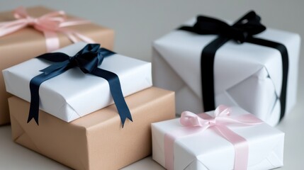 A stylish array of neatly wrapped gift boxes featuring pastel and black ribbons in an orderly arrangement, set against a calm background, suggesting elegance and celebration.