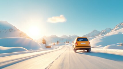 A vehicle travels down a snow-covered road, surrounded by a stunning snowy landscape and under bright blue sky, representing the spirit of adventure and exploration.