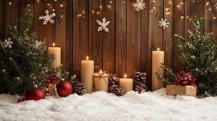 Wall Mural - Cozy winter setting with candles, pinecones, and festive decorations at a holiday gathering