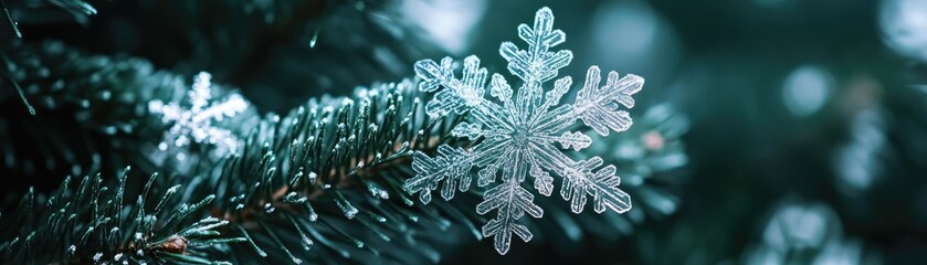 Sticker - Close-up of a delicate snowflake resting on pine needles, capturing the beauty of winter and nature's intricate details.