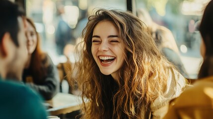 A woman with thick, shiny hair flowing over her shoulders as she sits at a caf, laughing with friends.