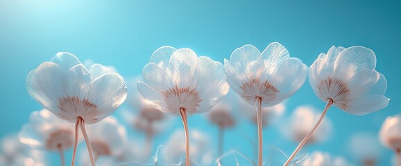 A serene view of delicate flowers against a bright blue background.