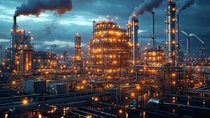 Poster - Industrial complex illuminated at night with smoke rising from chimneys in a dramatic sky
