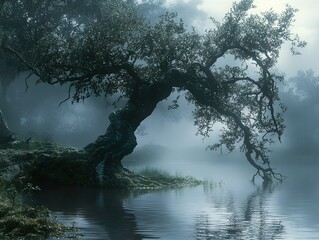 Poster - Enchanted Tree in Foggy Lake - Nature Photography