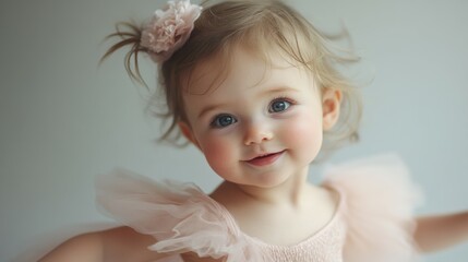 baby girl in ballerina outfit twirling, motion blur effect, soft gray wall