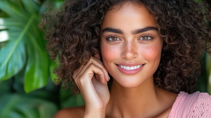 A woman with curly hair set against a green leafy background, depicting natural beauty and serenity. Focus is on nature and a peaceful ambiance.