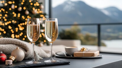 Two champagne glasses in a close-up shot set on a table with festive decor, featuring a twinkling Christmas tree and a picturesque mountain view in the background.