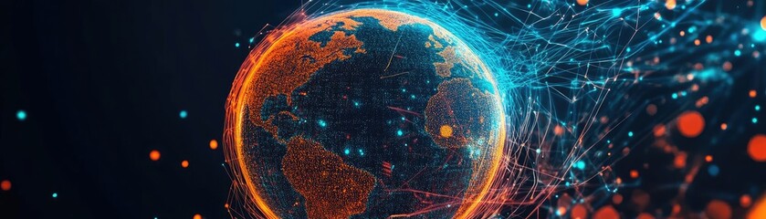 A stunning digital depiction of Earth, showcasing vibrant networks of light connecting continents in a cosmic backdrop.