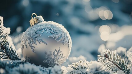 A beautiful silver Christmas ornament resting on snow-covered pine branches, radiating holiday cheer and winter magic.