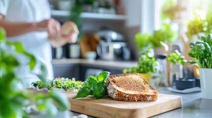 A cozy kitchen scene featuring a piece of toasted bread garnished with fresh herbs on a wooden board, highlighting homemade culinary delights and comfort food.