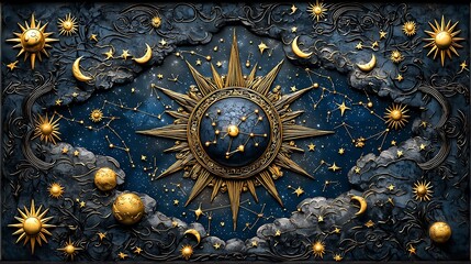 Wall Mural - the celestial sky gleams with a golden sun, stars, and shimmering constellations.