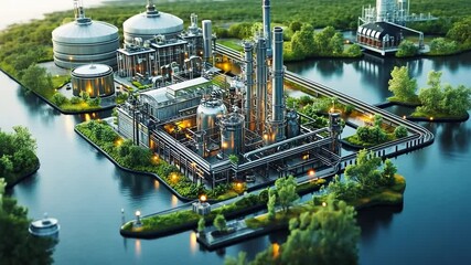 Poster - Industrial facility situated on an island with waterway access, featuring elaborate machinery and greenery