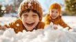 © Lens Legacy - Two kids cheerfully enjoy a snowy day, laughing and playing amidst the white, capturing the essence of childhood innocence and the joy of wintry adventures.