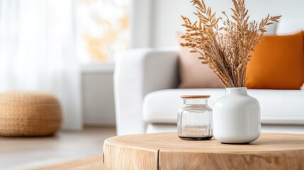 A modern living room features a white couch with orange pillows, a wooden table with a white vase holding dried flowers, creating a cozy and inviting atmosphere.