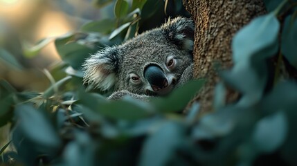 A close-up of a koala nestled in eucalyptus leaves, showcasing its inquisitive gaze, This image is ideal for wildlife documentaries, educational materials