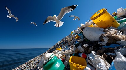 Wall Mural - Seagulls soar above a pile of plastic waste by the ocean, a stark reminder of pollution.